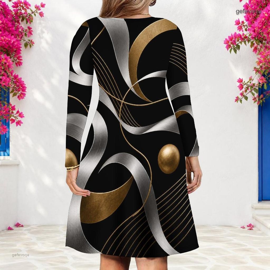 Women Plus Size V Neck Long Sleeve Printed Black Teal Gold A Line Dress