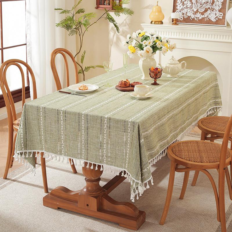 Rectangular Restaurant Decorative Fabric European Striped Jacquard Cotton Linen Table Cloth Hollow Tassel Dust-proof and Stain Proof Tablecloths