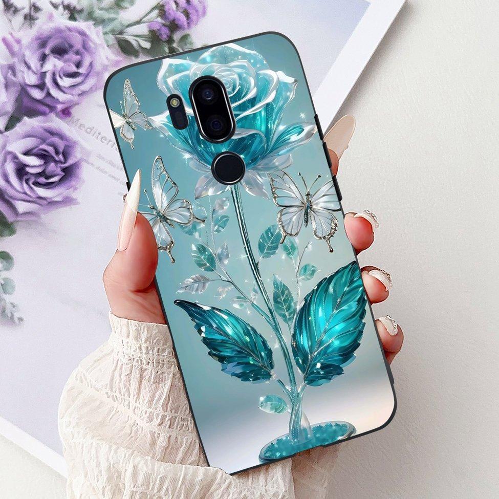 För LG G7 ThinQ Fodral Svart Silikon Söt Katt Mode Blommor Cool Målad Baksida För LG G7ThinQ Telefonfodral LMG710EM