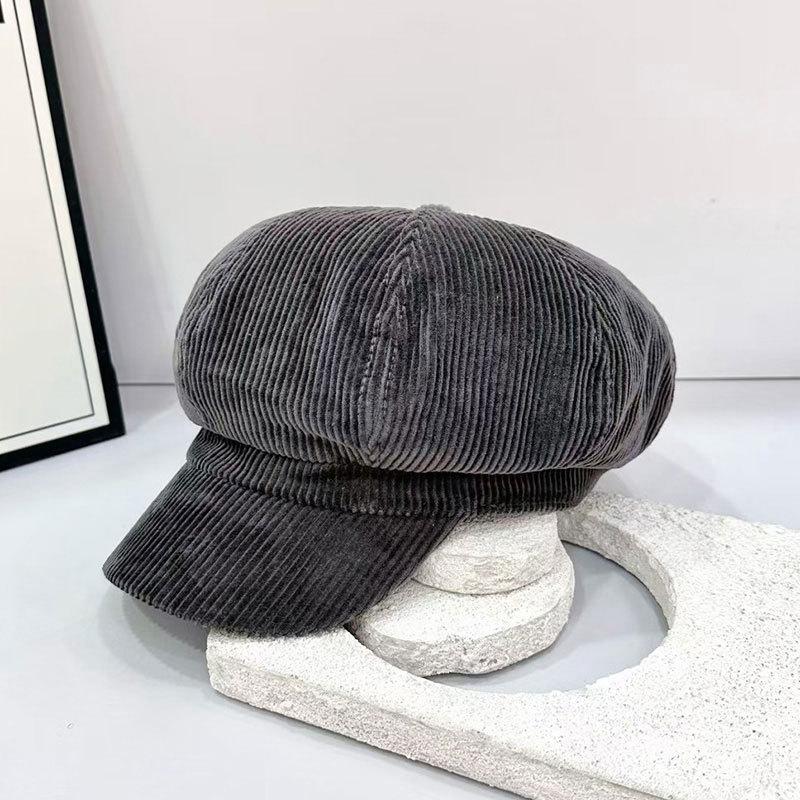 Autumn and Spring Retro Solid Color Corduroy Beret Women Korean Versatile Octagonal Hat Retro Peaked Beret