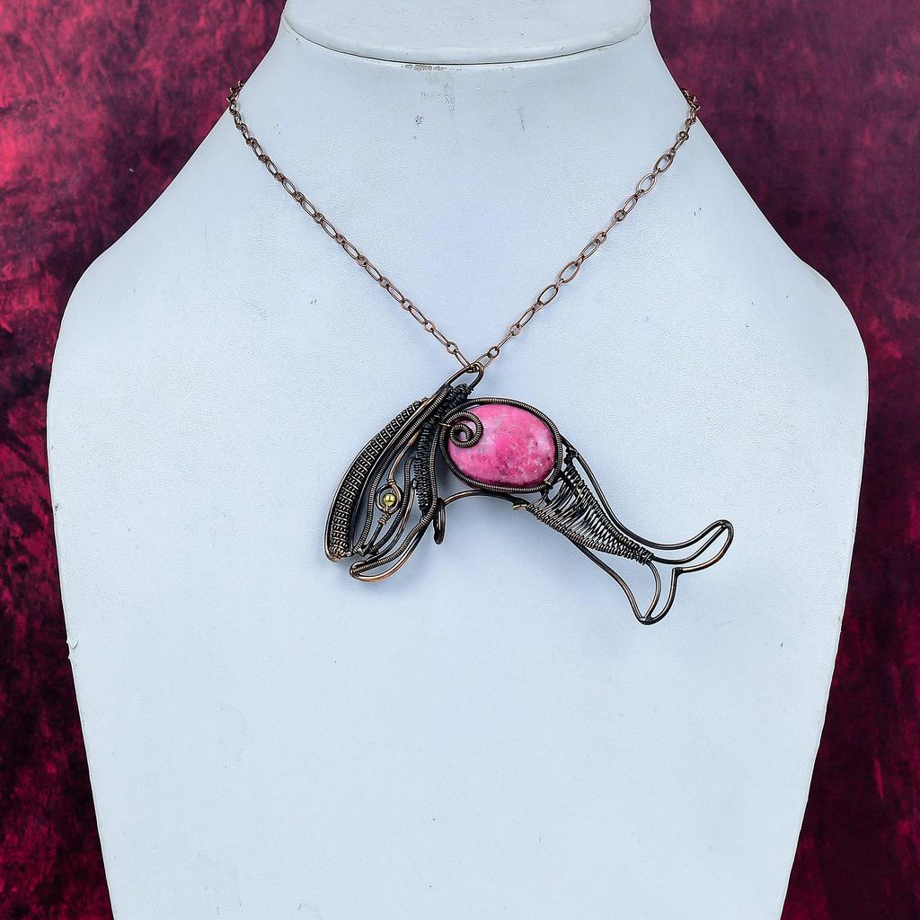 Thulite Real Gemstone Pendant Copper Wire Wrapped Handmade Jewelry Fish Pendant