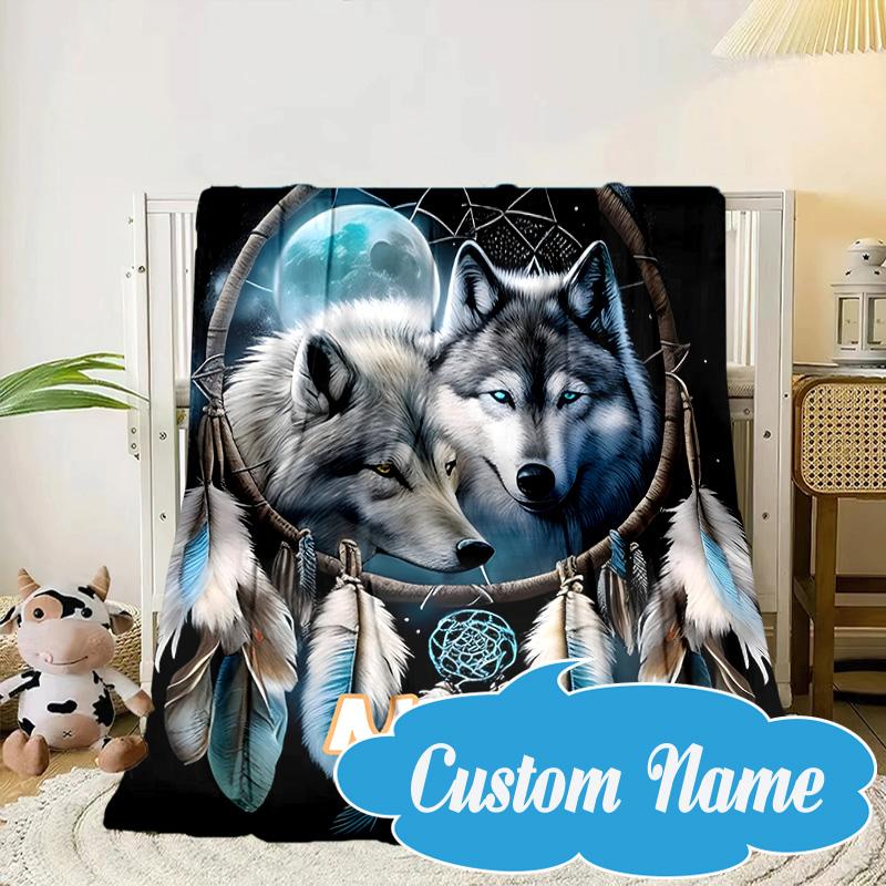 Custom Name Electric Wolf Spirit Blanket Bed Sofa Blanket Flannel Blanket for Camping, Hiking, Picnic Essentials,gift for Fan Family