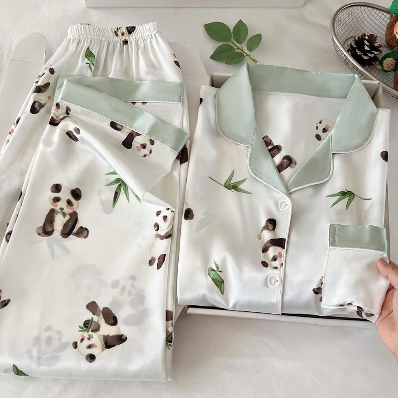 Cute Panda Short-Sleeved Pajamas Women'S Summer Ice Silk Simple And Comfortable Loungewear Fashion Suit