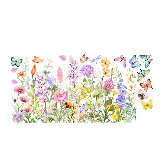 Kleurrijke Bloemen Muurstickers Wilde Bloemen Vlinders Groen Gras Muurstickers Verwijderbare Peel