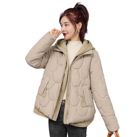 Women Winter Coat Fake Two-piece Zipper Button Closure Padded Hooded Turn-down Collar Pure Color Thin Short Type Down Cotton Filling Jacket