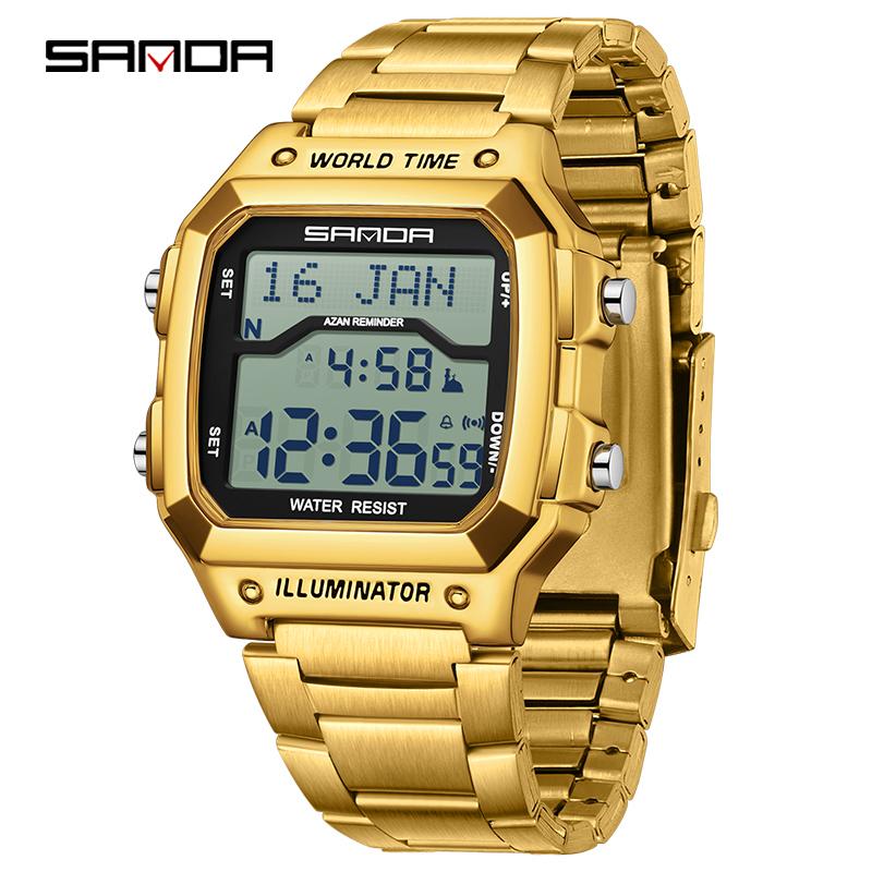 SANDA 2173 Digital World Time Watch with Azan Feature Steel Strap Waterproof Multifunction Prayer Reminder Wristwatch