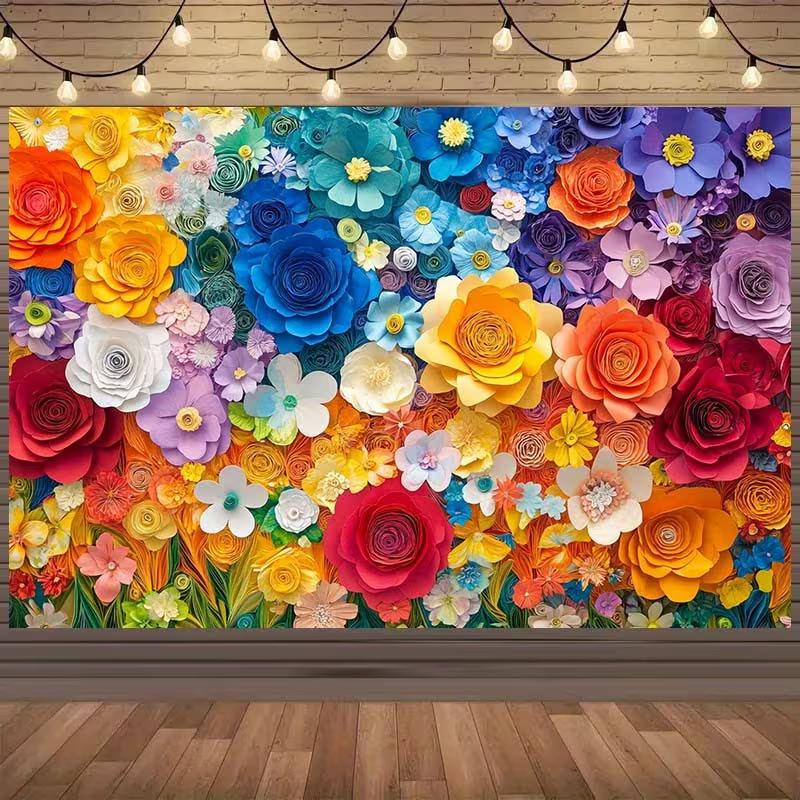 2D Regenboog Papierbloem Muur Achtergrond Bloemen Fotografie Achtergrond