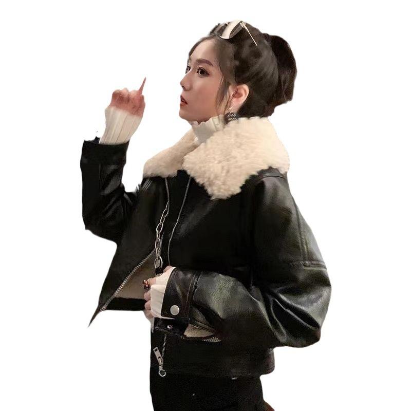 Veste en cuir pour femme, nouvelle veste en cuir biker pour femme automne/hiver, veste courte taille haute, épaisse pour femme