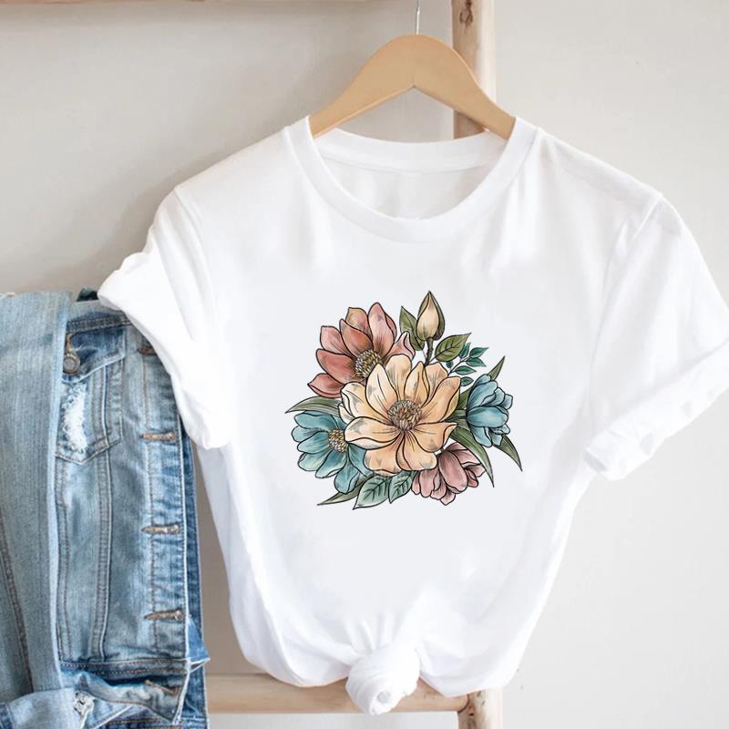 (Asian Size) Clothing Casual Flower Lovely Style Trend Cute Tee Top Fashion T Shirt Short Sleeve Women Print Lady Female O-neck Graphic T-shirt
