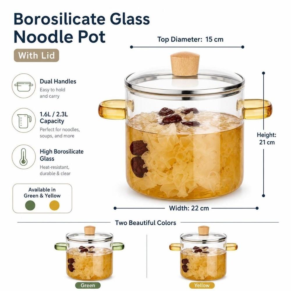Heat Resistant Clear Glass Cooking Pot 1.6/2.3L Glass Soup Pot  Kitchen Tools
