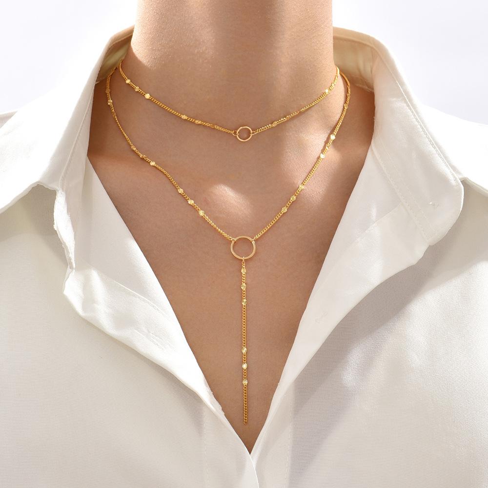 14K Gold Geometric Necklace Y Necklace Clavicle Chain 2-in-1 Neck Chain Stacked Double-layer Tassel Set Chain