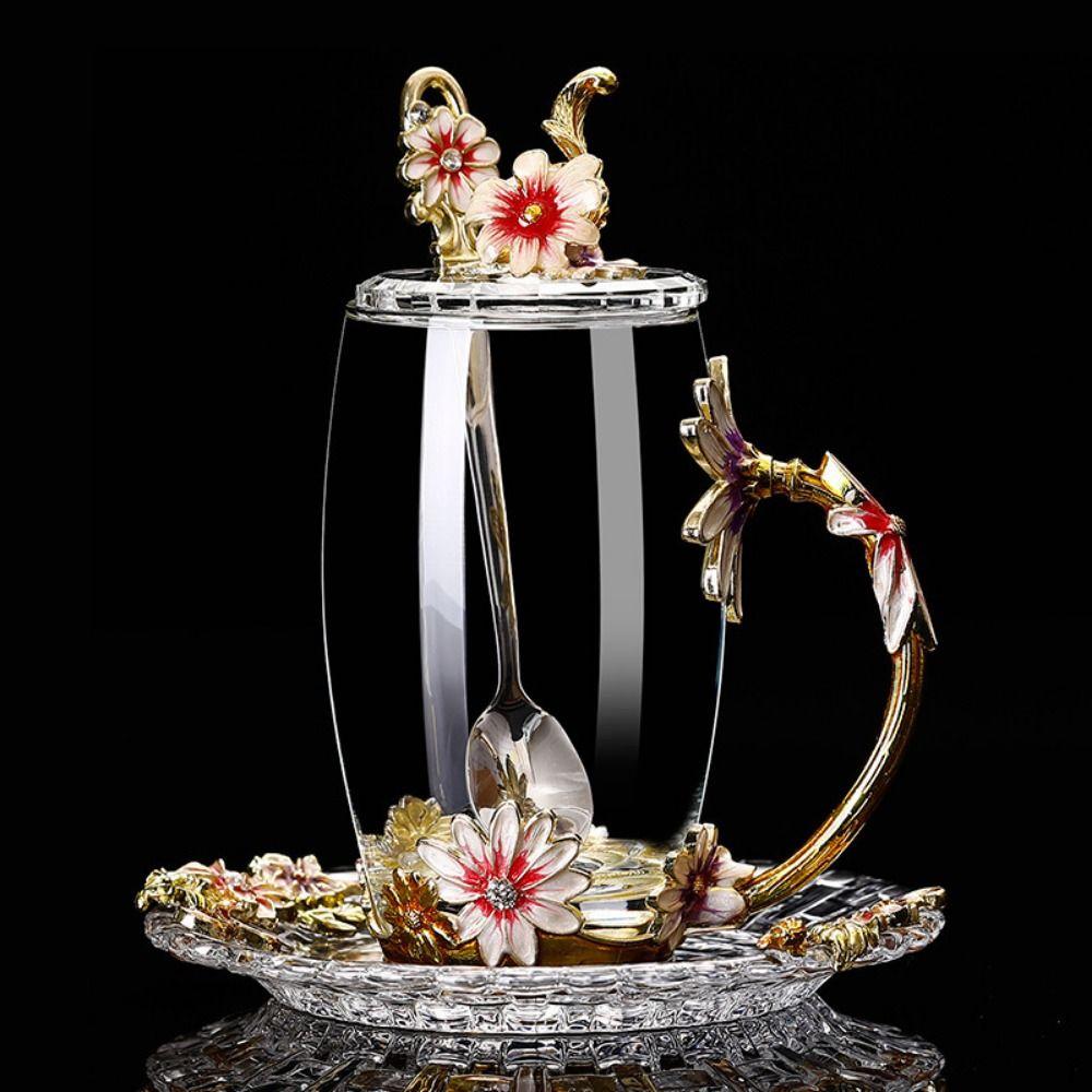Elegant Glass Coffee Mugs Vintage Flower Tea Cup Set Lead-free Tea Cup Plate Set  Birthday