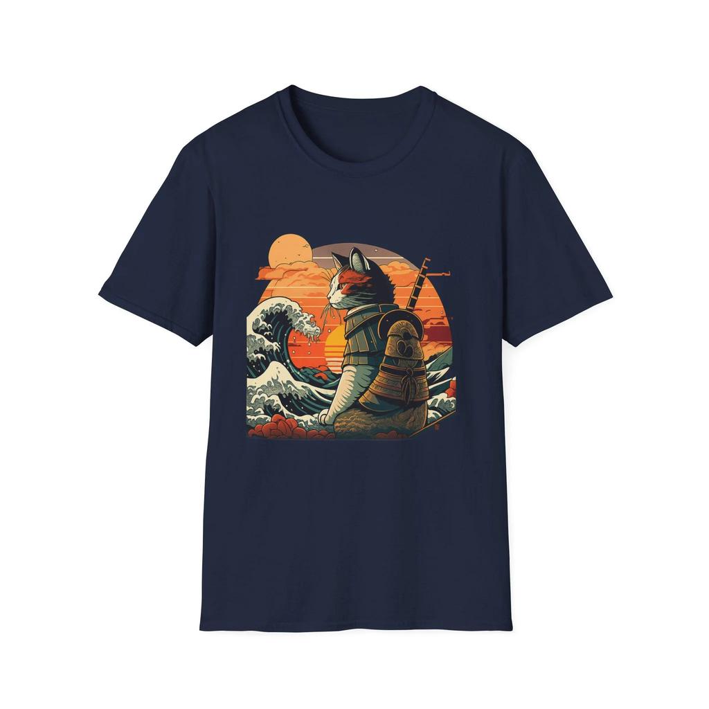 Samurai Katze T-Shirt Japanische Welle Retro Sonnenuntergang Anime T-Shirt Cool Ästhetisch Streetwear Shirt Bestseller Shirt Top-Selling T-Shirt