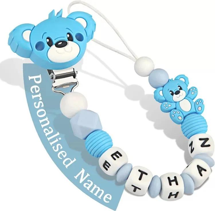 Baby Personalized Silicone Name Cartoon Bear Newborn Accessories Pacifier Chain Teething Toy Chew Gift Nipple Dummy Holder Chain