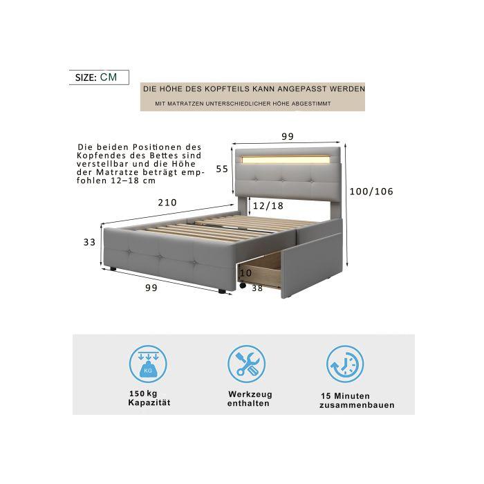 Gepolstertes Bett - MUVOE - 90x200 cm - LED-Beleuchtung - 2 Schubladen - Hellgrau