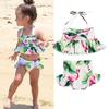 Charming 2pcs Girls Ruffle Floral Bikinis Set Featuring Adorable Flamingo Design