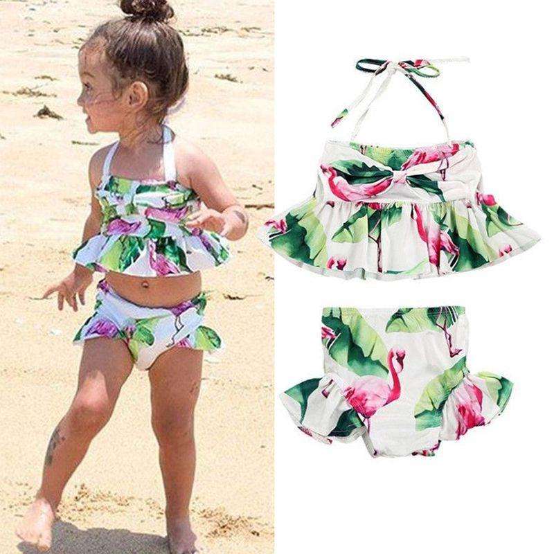 Charming 2pcs Girls Ruffle Floral Bikinis Set Featuring Adorable Flamingo Design