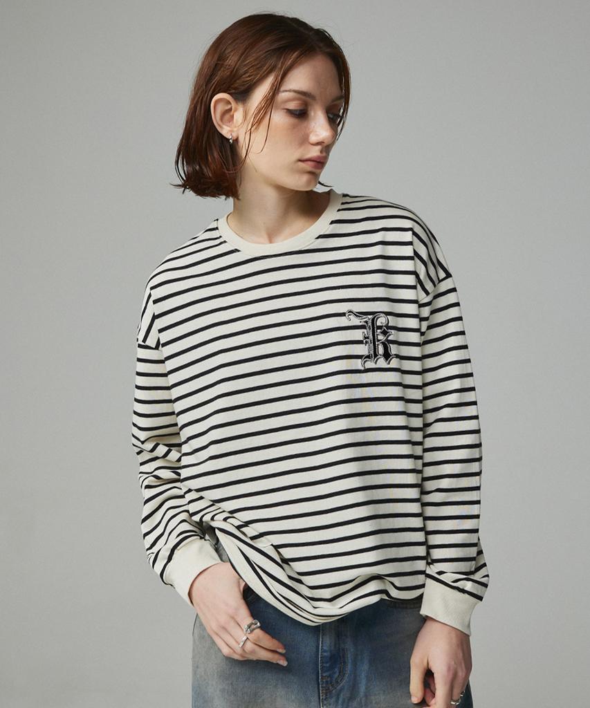 KITTY POTTERY Simple Logo Embroidered Striped T-Shirt Ivory & Black