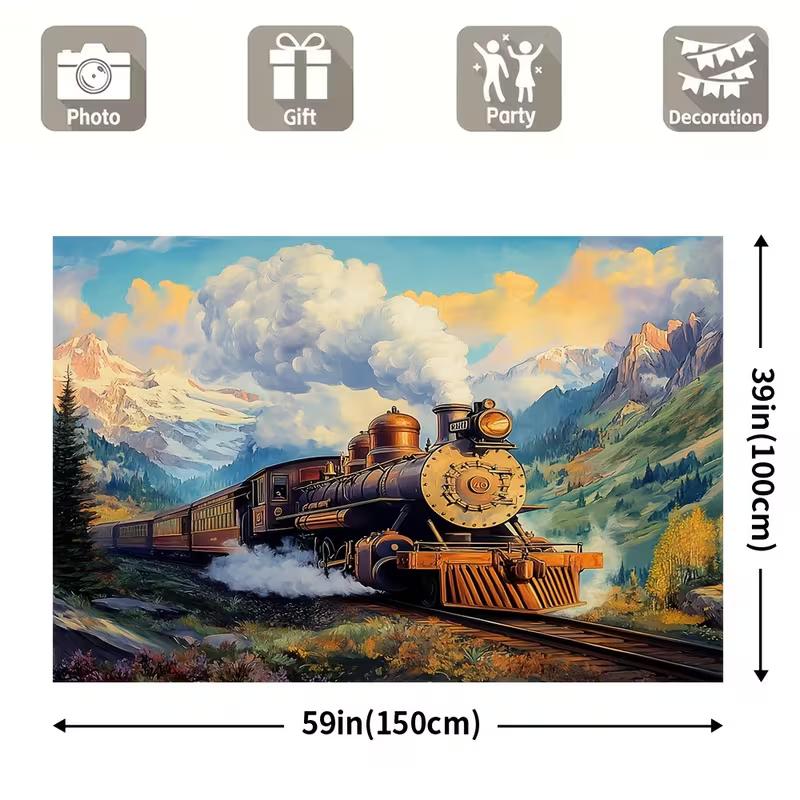 Nostalgisch Stoomtrein Wandkleed, Dramatische Scène van een Vintage Locomotief die Door een Majestueus Berglandschap Reist, Klassieke Spoorweg Wanddecoratie