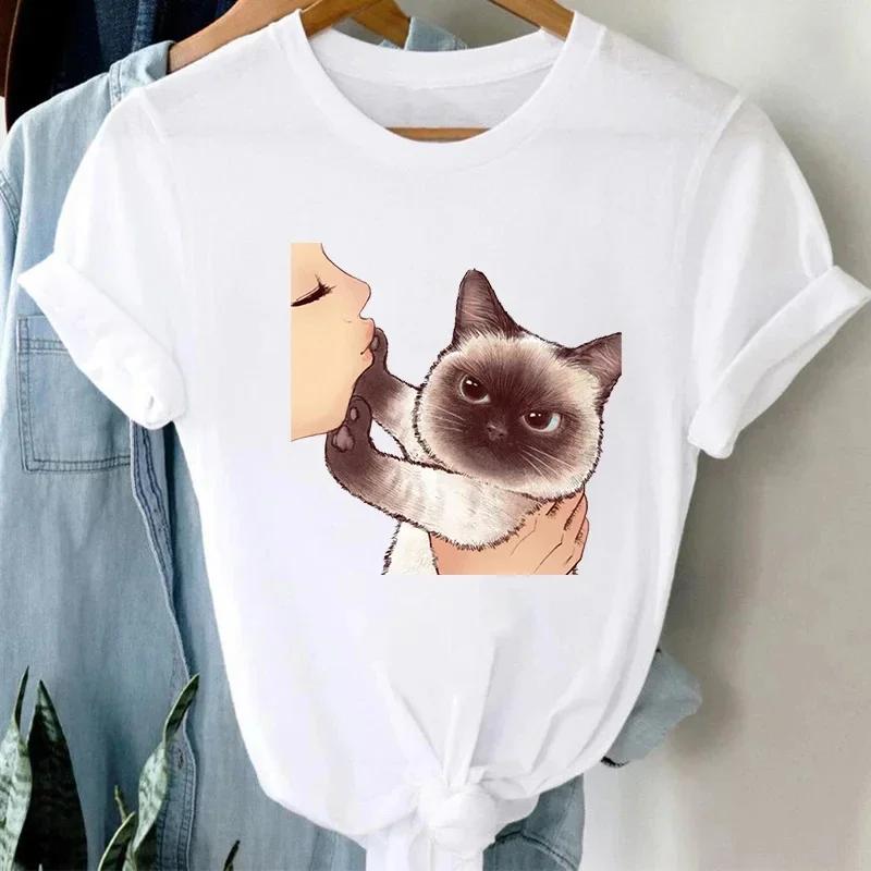 Summer Cute Cat Pattern Printed Tshirt with Breathable Micro Elastic Fashion Short Sleeved White Minimalist Versatile Top