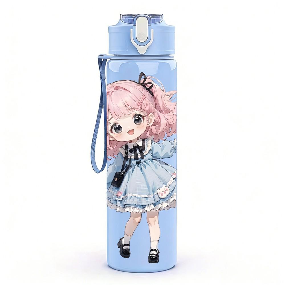 1PC Pink Hair Girl Blue Bubble Pattern 750ml Color Plastic Sports Water Bottle Leakproof Flip Straw Lid Suitable for Sports Office Home Use
