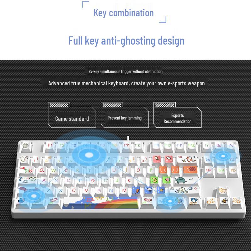 87-Key Schattig Mechanisch Toetsenbord, Bedraad Blauwe Schakelaar, Gepersonaliseerd PBT voor Gaming, Esports, Kantoor, Creatieve Meisjes