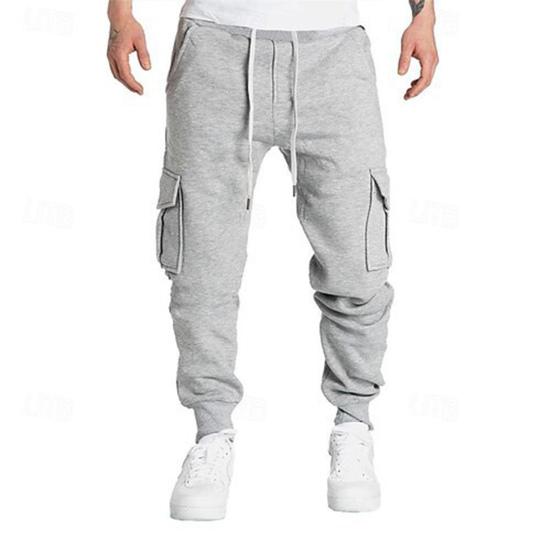 Men Cargo Pants Mid-rise Adjustable Waist Drawstring Casual Trousers with Reinforced Pockets Versatile Casual Wear