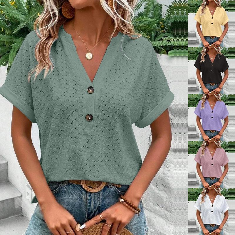Summer new style women's fashion casual simple all-match button V-neck T-shirt women's short top