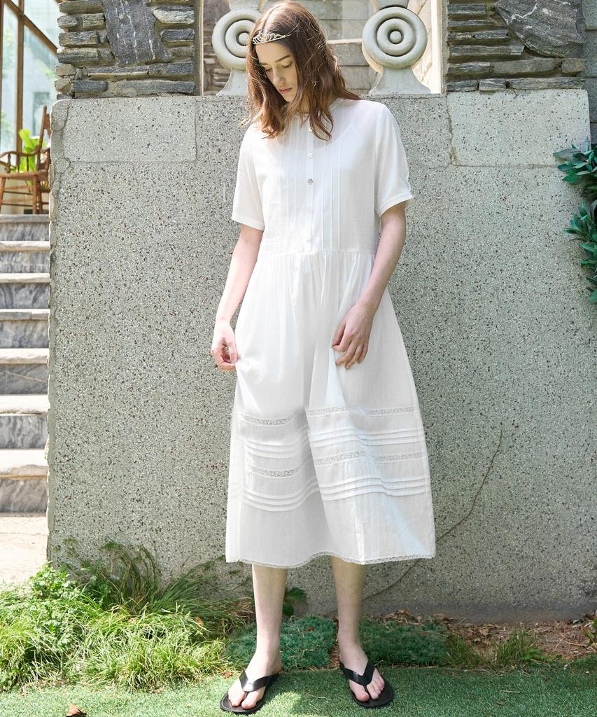Mite Pintuck Lace Tired Dress_Ivory