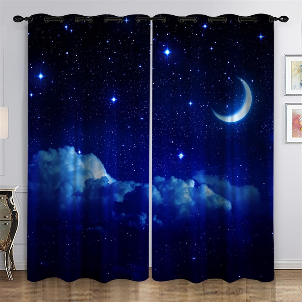 Night Moon Galaxy Blue Cloud Shine Stars Starry Window Curtain For Living Room Kids Bedroom Bathroom Kicthen Door Home Decor2pcs