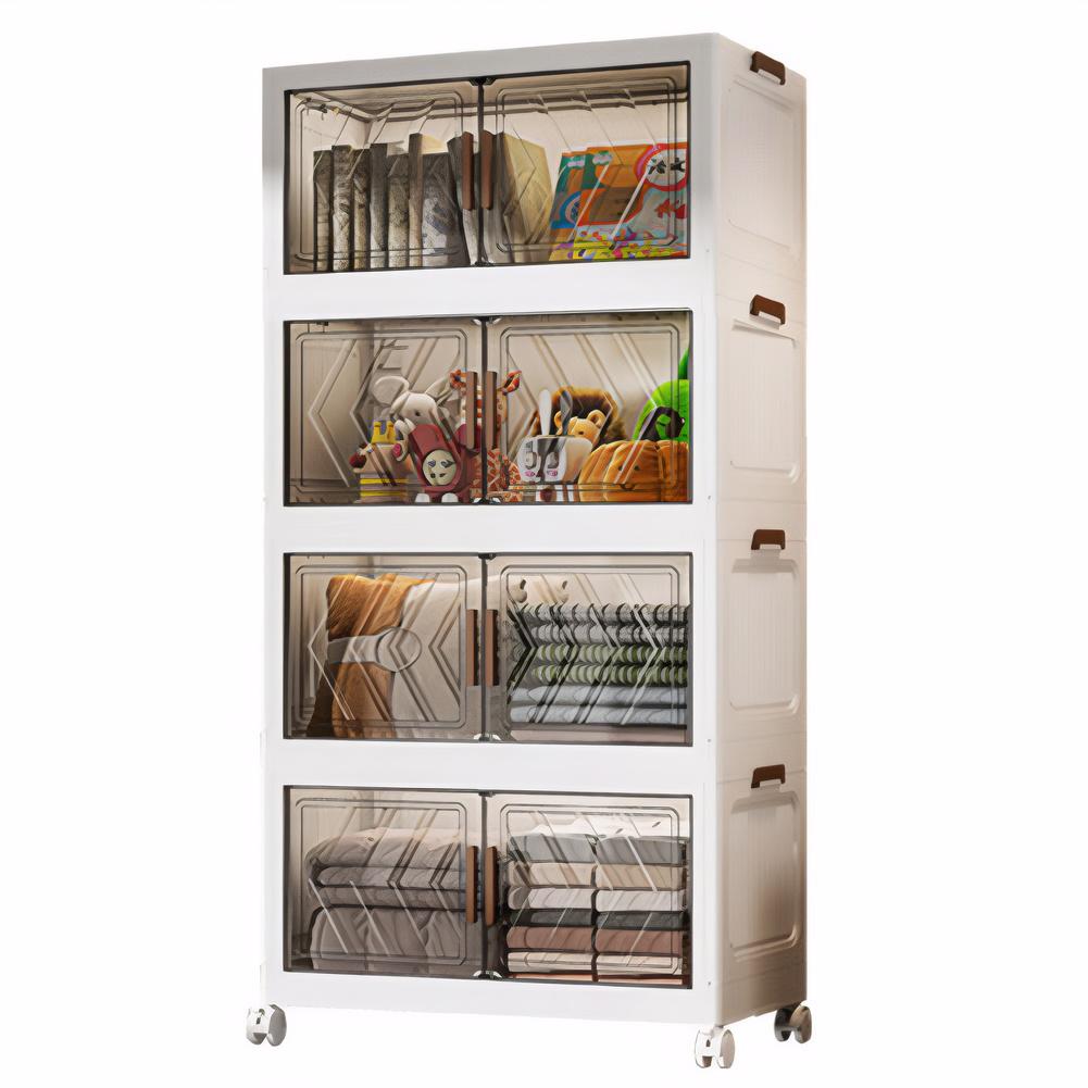 4 Tier Stackable Storage Bins with Lids Doors Wheels Foldable Cabinet Organization Storage Drawer Transparent Organizers Boxes