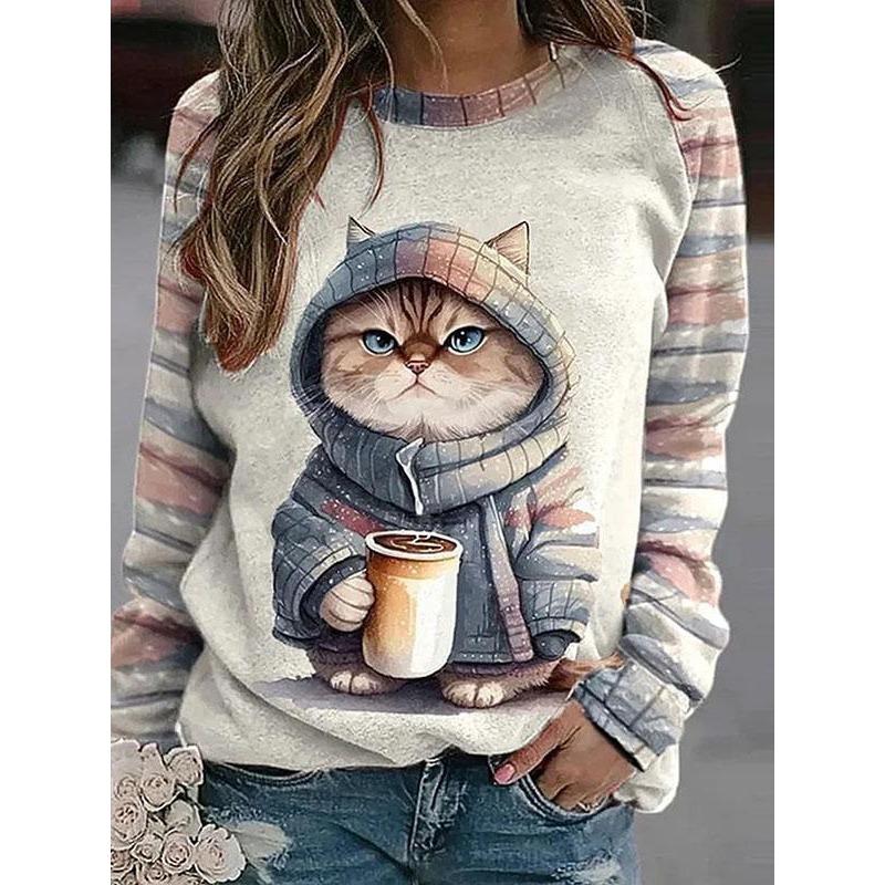 Women's 3D Digital Printed Christmas Bunny Cute Round Neck Pullovers & Long Sleeves Women’s