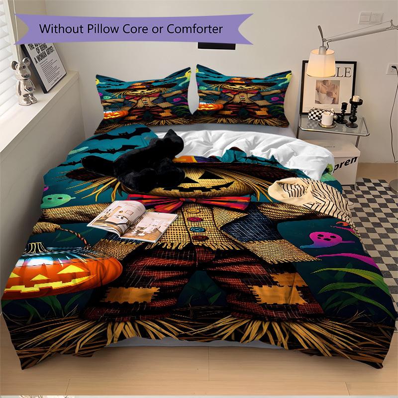 3pcs Halloween Scarecrow Bedding Set - 1 Duvet Cover + 2 Pillowcases(Core Not Included), Machine Washable Polyester, All-Season Comfort, Bed