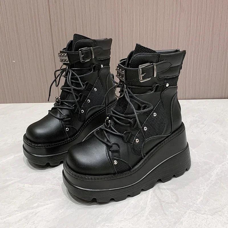 Damenstiefel Herbst Damen Stiefeletten Plateau Wedges High Heels Kurze Stiefel Neues Modedesign Reißverschluss Cosplay Schuhe der Damen