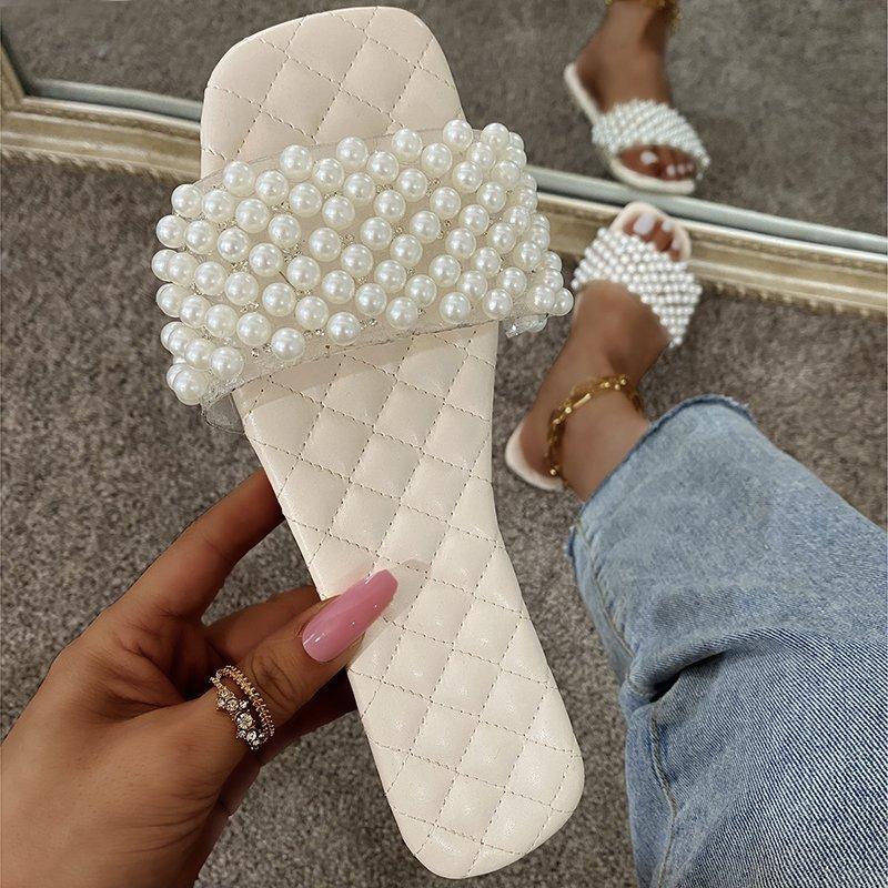 Spring/summer New Women  Pearl Rhinestone Women's All-match Casual Slippers Fashion Solid Color Flat Shoes Sandals