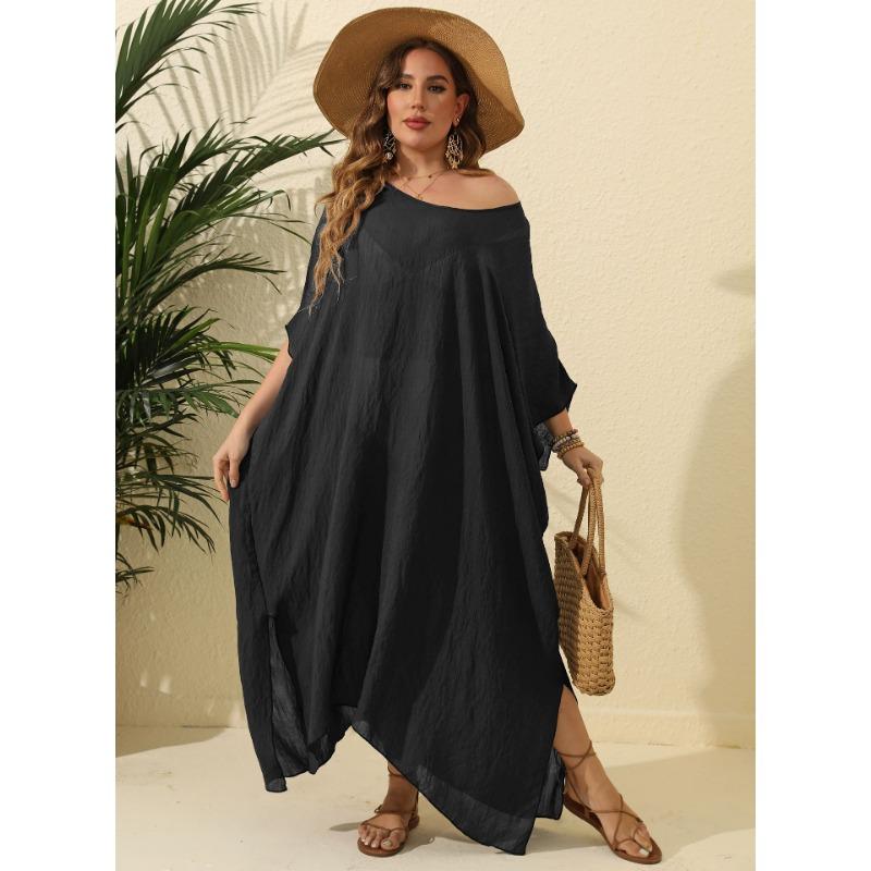 Plus Size Women's Solid Color Loose Smock Beach Holiday Split Mopping Long Dress