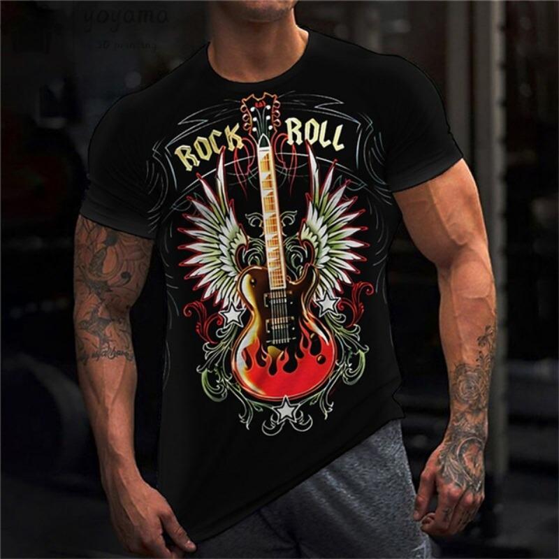 Haina cu imprimeu pentru chitara rock Haine vintage pentru barbati Haine de vara pentru barbati Tricou supradimensionat Tricou cu maneca scurta Tricou cu chitara pentru barbati