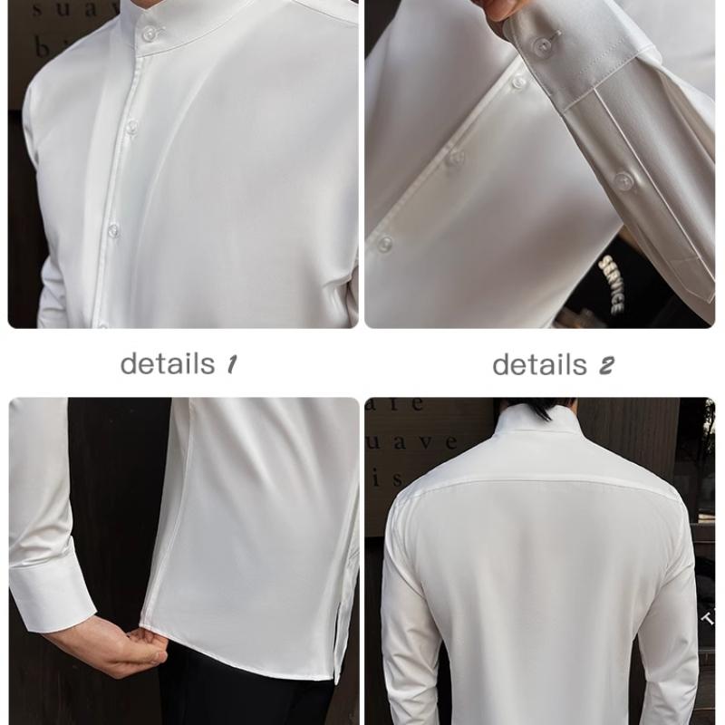 Spring Chinese Style High End Stand Up Collar Shirt Men's Long Sleeve Elastic Slimming Top Social Dress Shirt