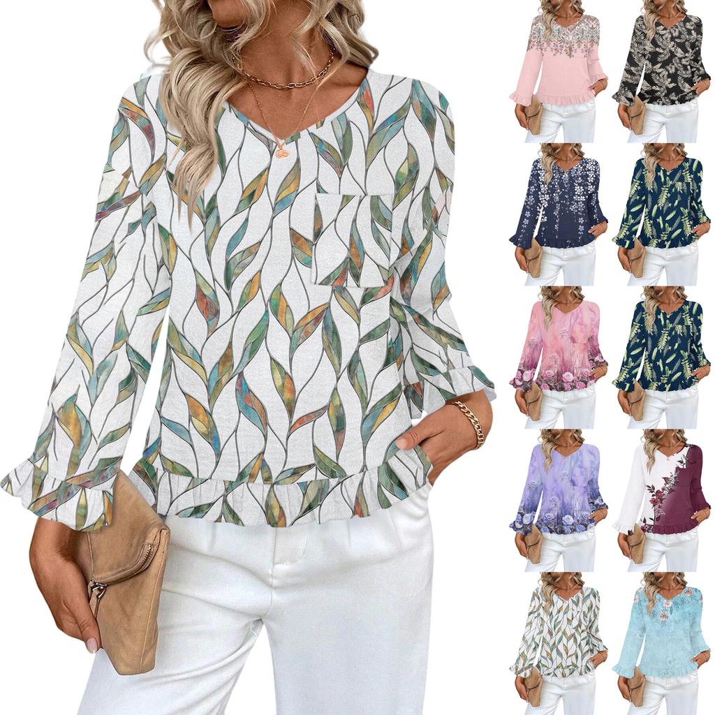 Women's Casual Fashion Ruffle V-Neck Pocket Print Long Sleeve Top