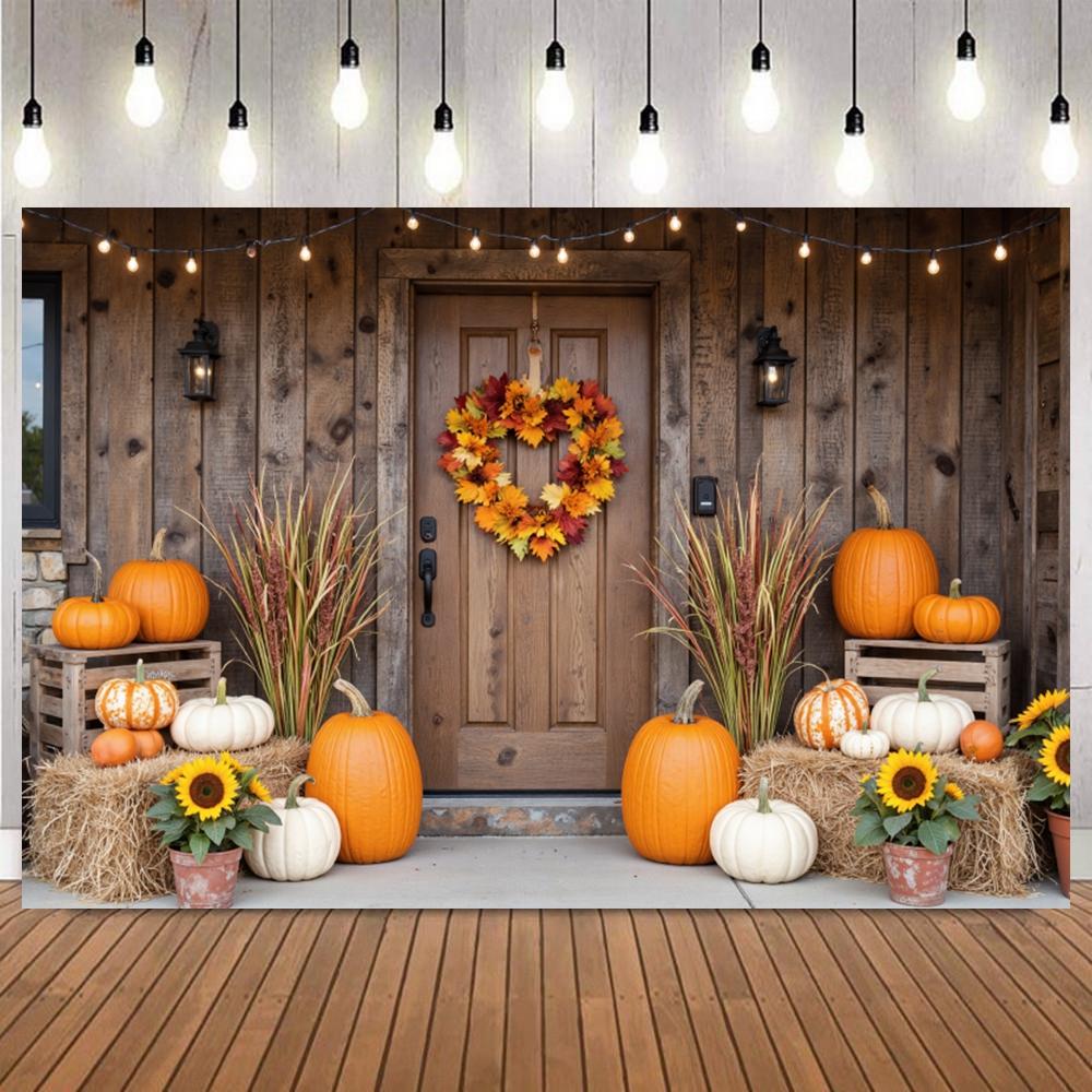 Blissful Autumn Harvest Theme Photography Background Forest Maple Fallen Leaves Window Pumpkins Sunflower Photo Backdrop Decor3