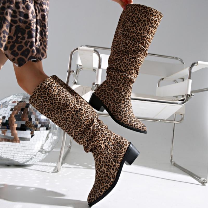 Leopard Knee High Heels Boots Women Shoes Winter 2025 Trend New Chelsea Casual Suede Chunky Shoes Sexy Snow Pumps Botas Mujer