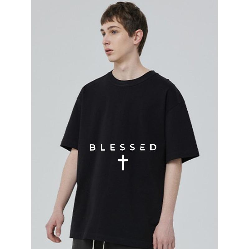 Svart T-skjorte Velsignet Kors Trykk Casual Streetwear Mote Topp for Menn og Kvinner