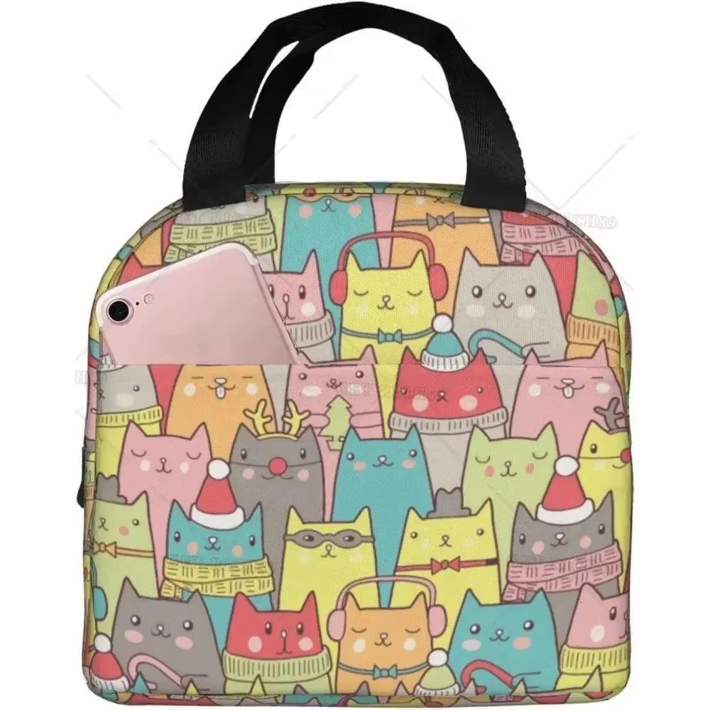 Pink Summer Fruits Watermelon Pineapple Cat Insulated Lunch Bag for Girls Reusable Lunch Tote Portable Lunch Box Cooler Bag