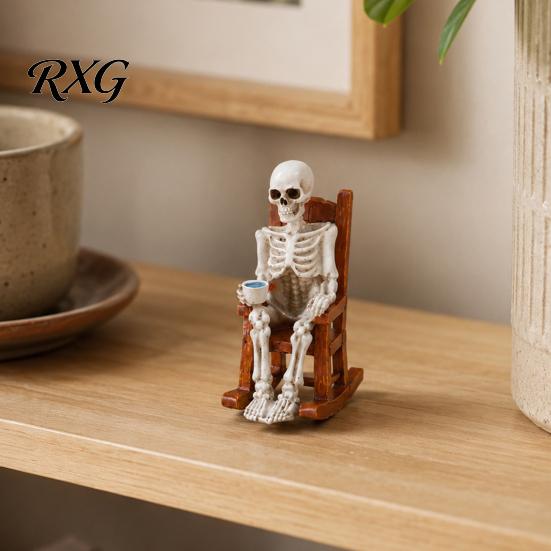 Resin Skeleton Desk Ornament Halloween Figurine, Sitting On Rocking Chair Statue, Drinking Gothic Garden Landscaping Decor Coffee Crocheting