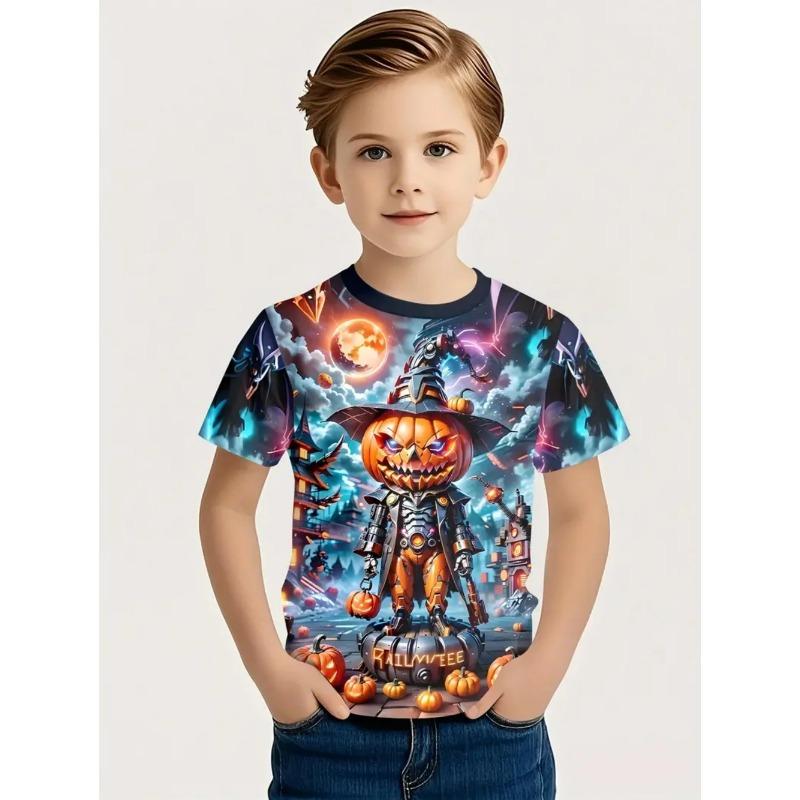 Round Neck 3D Pumpkin Printed Top Fashionable Short Sleeved Children's Boy T-shirts - Soft Medium Stretch Polyester Fabric Summer Relaxed Fit Clothing