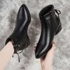 2025 Autumn and Winter New Pointed Short Boots Side Zipper Thick Heel Martin Boots Large Size Medium Heel Fashion Velvet Leather Boots