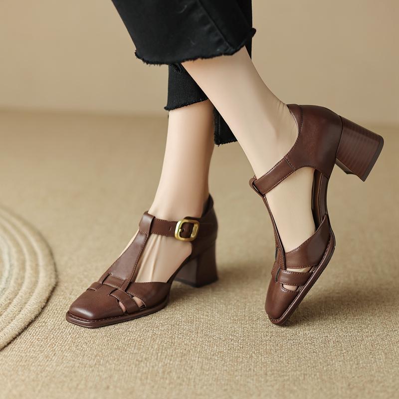 2024 New Fashion Classics Genuine Leather Sandals Woman Thick High Heels Sandals Office Ladies Dress Summer Shoes Heels Women