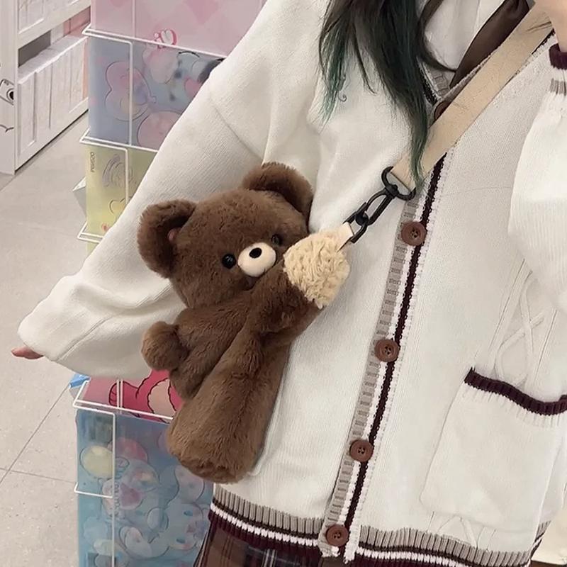 Women Cute Little Brown Bear Shoulder Bag Girl Personality Cartoon Doll Plush Backpack Gift