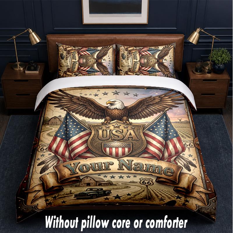 Ensemble de literie 3 pièces Thème Patriotique Américain Texte ou Nom Personnalisé, 1 Drap Plat & 2 Taies d'Oreiller Literie Personnalisée pour la Maison