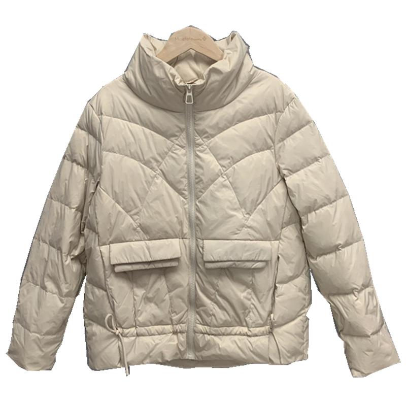 Women Autumn Winter White Duck Down Jacket Coat Padded Parka Short Stand Collar Pocket Loose Thin Lingge Solid Color